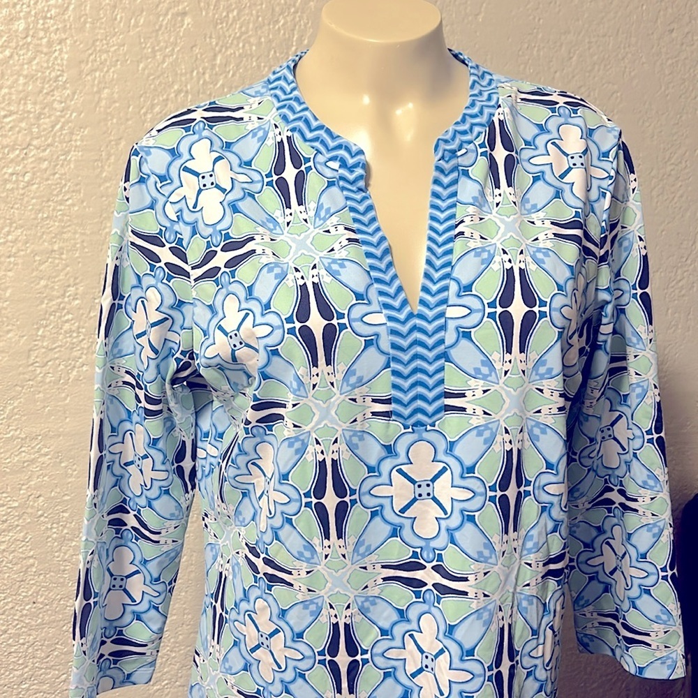 J. Mclaughlin LARGE Catalina Cloth Blue Green Geometric Print 3/4 Sleeve Dress - Picture 4 of 12